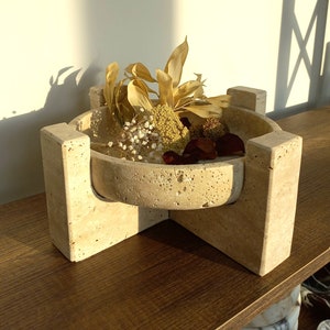 12" (30 cm) travertine fruit serving bowl, a travertine bowl with detachable base, beige, cream marble, gifts for her
