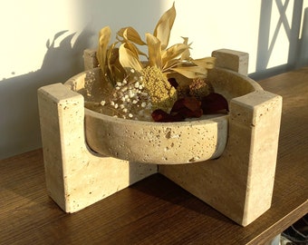 12" (30 cm) travertine fruit serving bowl, a travertine bowl with detachable base, beige, cream marble, gifts for her