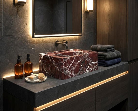 Rosso Levanto Marble Sink: Fluted Sides, Custom Design