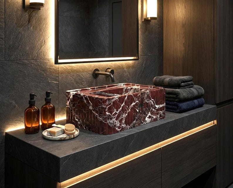 Rosso Levanto Marble Sink: Fluted Sides, Custom Design image 1