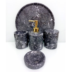 Ensemble de salle de bain en marbre naturel, 5 pièces, ensemble de bain en marbre gris foncé-argent Tiger, cadeaux pour la maison, cadeaux pour elle
