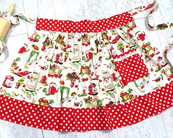 Retro Half Apron: 50s Style Hostess Apron, Cotton with Lace Pocket
