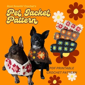 Molde em PDF para jaqueta retrô de crochê para cachorro - A jaqueta viral original. Tamanhos do XS ao XL inclusos.