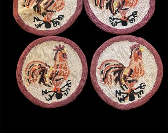 Juego de 4 cojines para silla vintage de algodón de 35,5 cm (14 pulgadas), tejidos a mano, con diseño de gallo, en excelente estado.