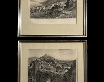 Par de grabados en acero del siglo XIX realizados por Victor Guerin que representan escenas de Tiberio y Cesarea de Filipo en Tierra Santa, publicados en 1974.