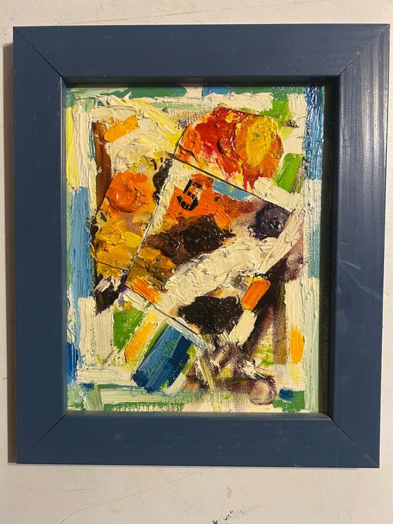 Abstract Expressionist signed oil painting by listed artist Harry Dayton (1928-2023). 12.5x10.5” framed size.