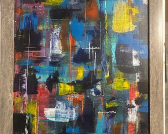 Abstrakt målning, 62,5x43,5 cm, akryl på duk, signerad på baksidan och inramad i en grå ladugårdsträram.