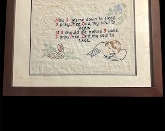 Hand stitched framed embroidery of the Now I Lay Me Down To Sleep prayer with animals and an angel, 20x16” framed size