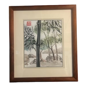 Cuadro de paisaje chino firmado, de 15x17 pulgadas, con doble paspartú y enmarcado.