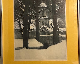Rare 1920 19.5x23” framed size  signed antique aquatint etching by listed German artist Franz Hecker. Original label on back.
