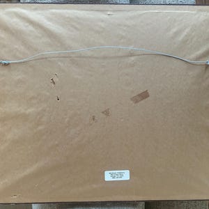 May include: Reverse side of a framed picture, featuring a brown paper backing, a hanging wire, and a small label with text. The frame is dark, and the paper shows signs of age and use.