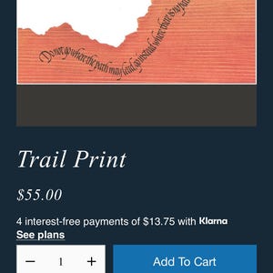 May include: A print with an orange background and black cursive text that reads, "Do not go where the path may lead, go instead where there is no path and leave a trail." The print size is 22.86 x 30.48 cm.