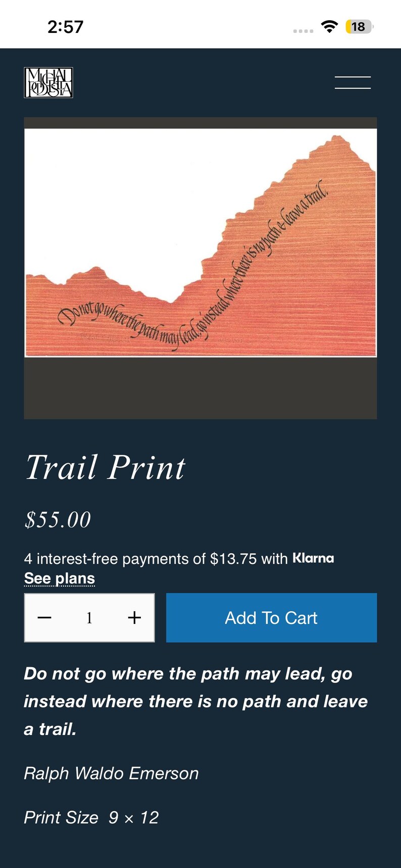 May include: A print with an orange background and black cursive text that reads, "Do not go where the path may lead, go instead where there is no path and leave a trail." The print size is 22.86 x 30.48 cm.