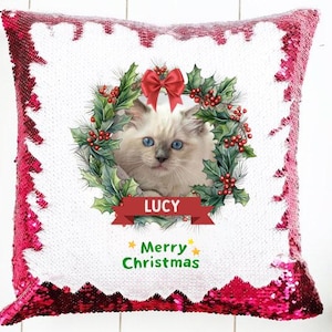 Personalized Christmas and pets Sequin pillow cover gift for him/her with photo, magical hidden message, text| Custom cushions on bothsides