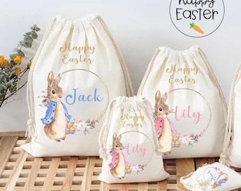 Personalised Kids Easter bunny and egg hunt gift bag, Custom First Easter Gift, Easter treat Egg hunt Sack Easter Decor, Easter Hunt Basket