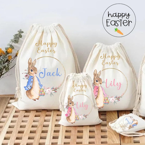 Personalised Kids Easter bunny and egg hunt gift bag, Custom First Easter Gift, Easter treat Egg hunt Sack Easter Decor, Easter Hunt Basket