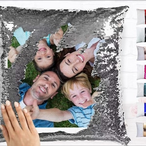 Personalized Christmas and pets Sequin pillow cover gift for him/her with photo, magical hidden message, text| Custom cushions on bothsides