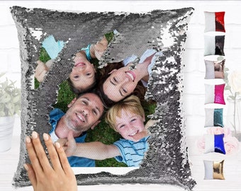 Personalized Photo Sequin Pillow Cover – Custom Christmas Gift for Family & Friends