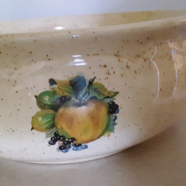 Vintage Large Nutmeg Cream Brown Speckled Glazed Porcelain Bisqueware Bowl with Vintage Fruit Decal Transfers - Rare and Hard to Find