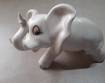 Vintage Retro White Baby Elephant Ceramic Figurine with Fluffy Eyes - Handcrafted - 1984