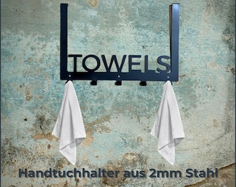 Handtuchhalter TOWELS - Bad - Türhalter - Handtuchhaken - aus Stahl schwarz lackiert in 2mm Stärke - Badzubehör - verschiedene Schriftarten