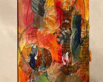 May include: Abstract painting with a collage of textures and colors. The painting features a circular shape in the center, surrounded by layers of orange, red, green, and blue paint. The painting has a textured surface and a distressed look.