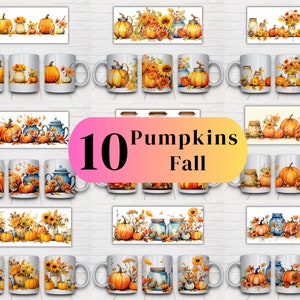 May include: Set of 10 white ceramic mugs with fall-themed designs featuring pumpkins, sunflowers, and mason jars. The designs are in shades of orange, yellow, and brown.