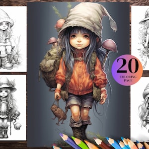 20 niedliche Mädchen, Zwerge Malbuch, Erwachsene Kinder, Sofort Download - Graustufen Malseite - Printable PDF, Zwerge, Zwergenblumen, Färbung