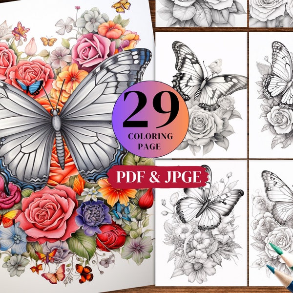 29 Floral Butterfly Coloring Book, Printable Flower Butterflies Coloring Pages, Grayscale Coloring Book for Adult and Kids, Fantasy Coloring