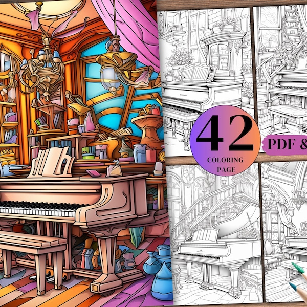 42 Piano Room coloring page,Adults Coloring Pages, Instant Download, Grayscale Coloring Book, Printable PDF File