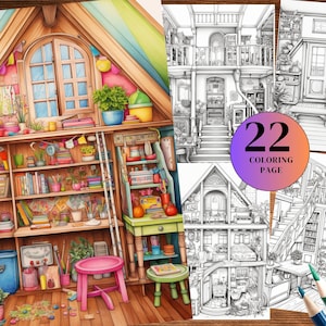 22 páginas para colorear de casas con dibujos para adultos y niños para relajarse y aliviar el estrés, libro para colorear en escala de grises, PDF y JPG imprimibles