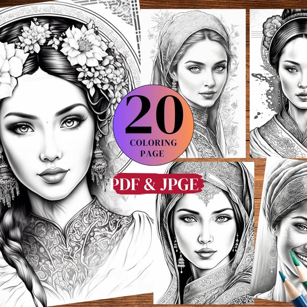 20 Oriental Women Coloring Book Set ,Printable Adult Coloring Pages , Download Downloads.