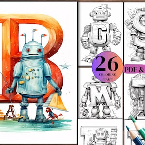 26 páginas para colorear divertidas de robots con letras para niños, imprimibles de robots, actividades de cumpleaños de robots, niños robóticos, descargas digitales, PDF y JPG
