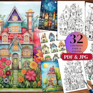 32  Doodle Houses Coloring Book, Adults Instant Download -Grayscale Coloring Page - Printable PDF.