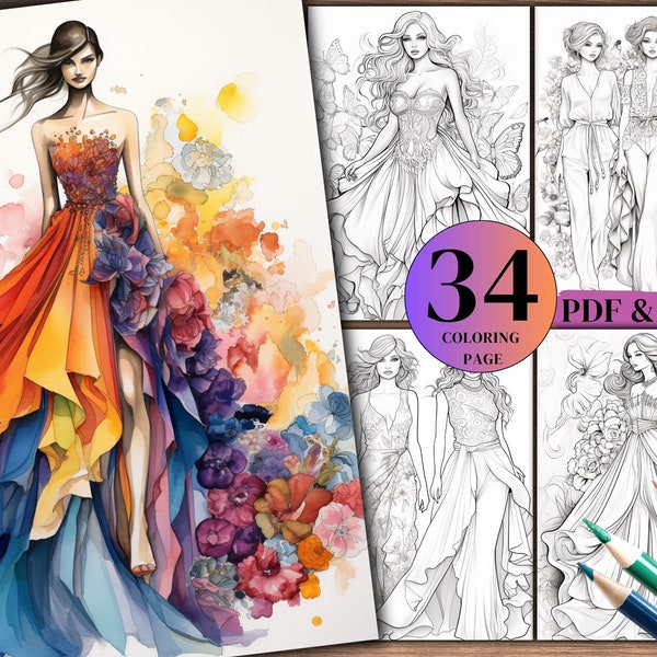 34 Fashion  Women's  Coloring Book,  Printable Fashion Woman Pages for Adult, Modern Style Coloring Page, Instant Download