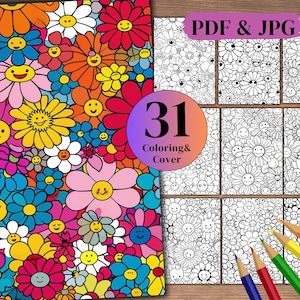 Doodle de 31 fleurs souriantes heureuses, livre de coloriage numérique Happy Days, téléchargements numériques de fichiers PDF et JPG.