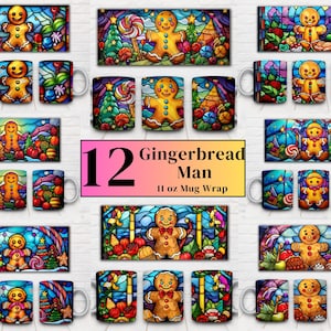 12 PNG Wrap Taza de hombre de jengibre Sublimación, 3D Navidad 11oz, Envoltura de sublimación de taza, Descarga digital Taza PNG, Envoltura de taza de té de taza de café PNG.