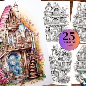 25  Fairytale Houses Coloring Book, Adults kids Instant Download -Grayscale Coloring Book -Printable PDF, woodhouses, fairy house, enchanted