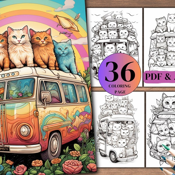 36 Cat Campervan Coloring Book for Adults and Kids, Grayscale Coloring Pages, Instant Download, Printable PDF File