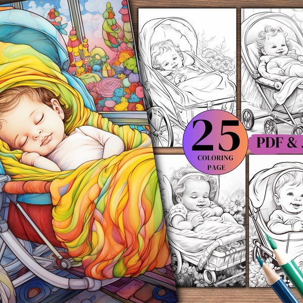 25  Baby in Stroller Coloring Pages, Adorable Cute Babies With Hats, Beautiful Baby Faces Coloring, Baby Portraits.