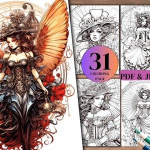 31 Victorian Steampunk Lady coloring pages Digital Downloads PDF.