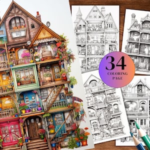 34 Dollhouse Coloring Pages Adults and  Kids for Relax and Stress Relief, Grayscale Coloring Book, Printable PDF & JPG, Digital Downloads.