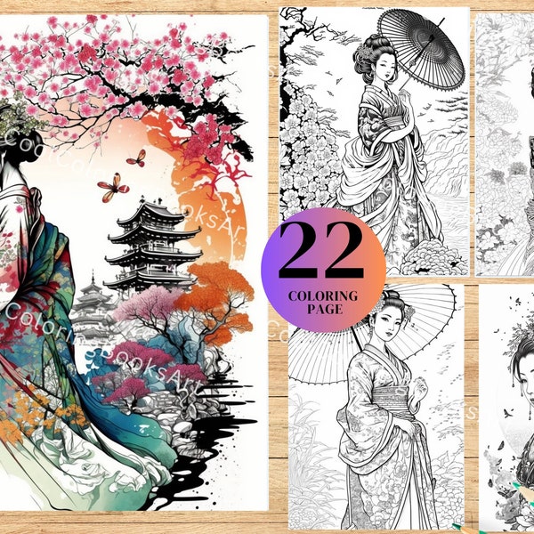 22 grijswaarden Japanse Geisha kleurboek, afdrukbare volwassen kleurplaten, download afdrukbaar PDF-bestand, digitale print.