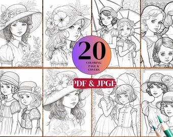 20 Cute Girl  Coloring Pages For Kids ,Instant Download ,Bundle Coloring Pages , Digital Coloring Pages.