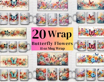 Diseños de etiquetas para tazas de 11 oz con mariposas y flores: paquete de 20 imágenes PNG (descarga digital)
