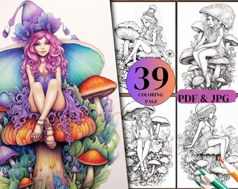 Fairy Mushroom Coloring Page: Grayscale Art for Adults & Kids (PDF)
