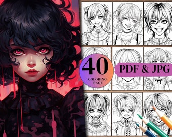 40 Gothic Anime Girls coloring books,Page Manga Fantasy Greyscale gothic Coloring Pages  Adults, Instant Download, Printable PDF Files.