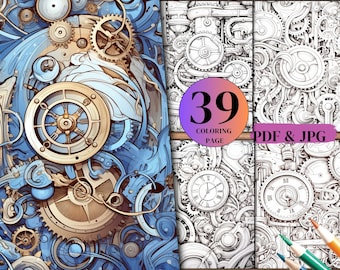 39 Steampunk Adventures Coloring Pages: Printable Adult Coloring Book (PDF & JPG)