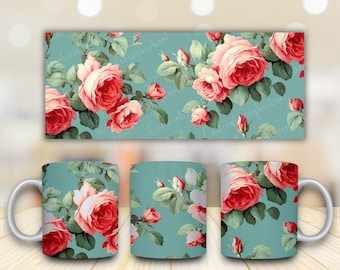 Pink Roses Mug Press Template: 11oz Coffee Mug Sublimation (Digital Download)