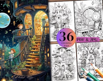 Enchanted Interiors Coloring Book: 36 Fantasy Grayscale Pages (PDF & JPG)